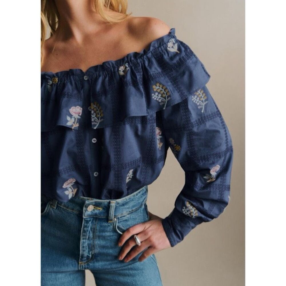 Sezane Garancine Off Shoulder Embroidered Shirt - Picture 3 of 12